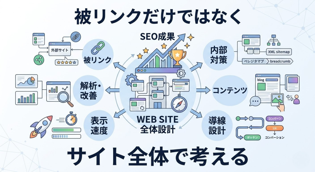 被リンクと内部対策やコンテンツのバランスが重要であることを示すイラスト