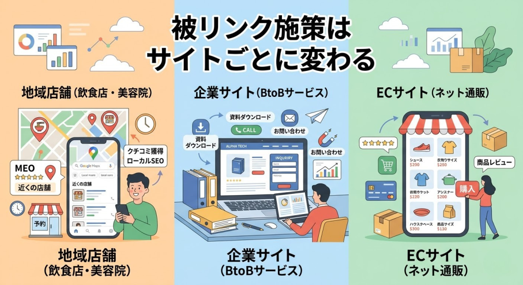 業種やサイトの種類によってSEO施策が変わることを示すイラスト