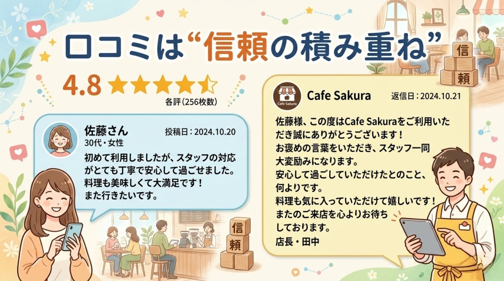 口コミと返信が信頼につながるイメージ図