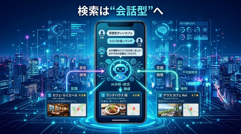 AI時代の検索行動（曖昧なキーワードでも店舗が表示されるイメージ）