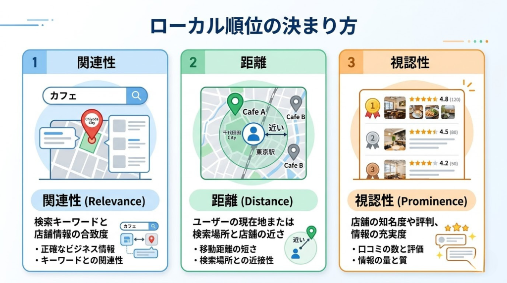 MEOの順位が関連性・距離・視認性で決まることを示した図